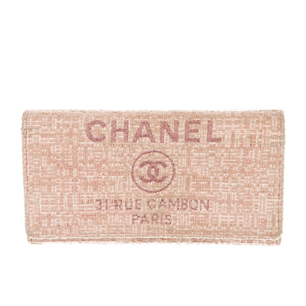 CHANEL Deauville Flap Wallet in Pink Tweed & Lambskin Leather w/Chanel Box VGUC